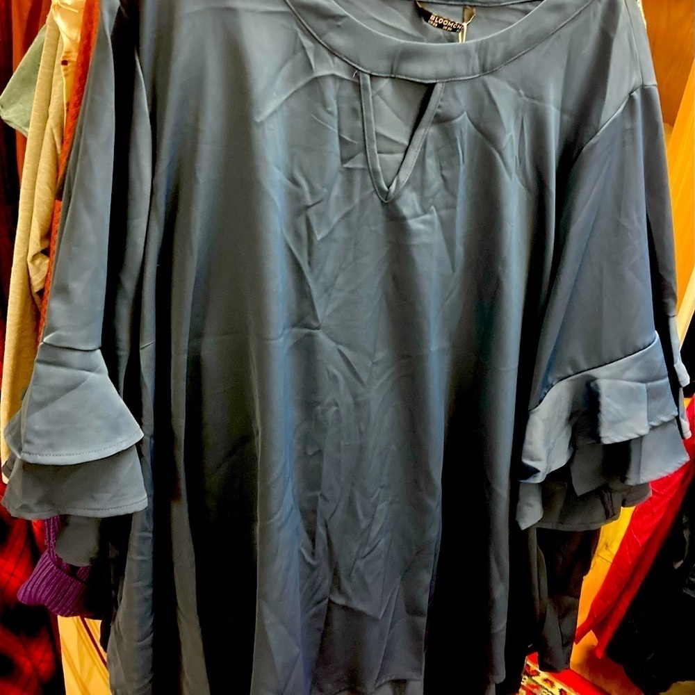 Bloomchic classy silky feeling pullover blouse of steel/blue color